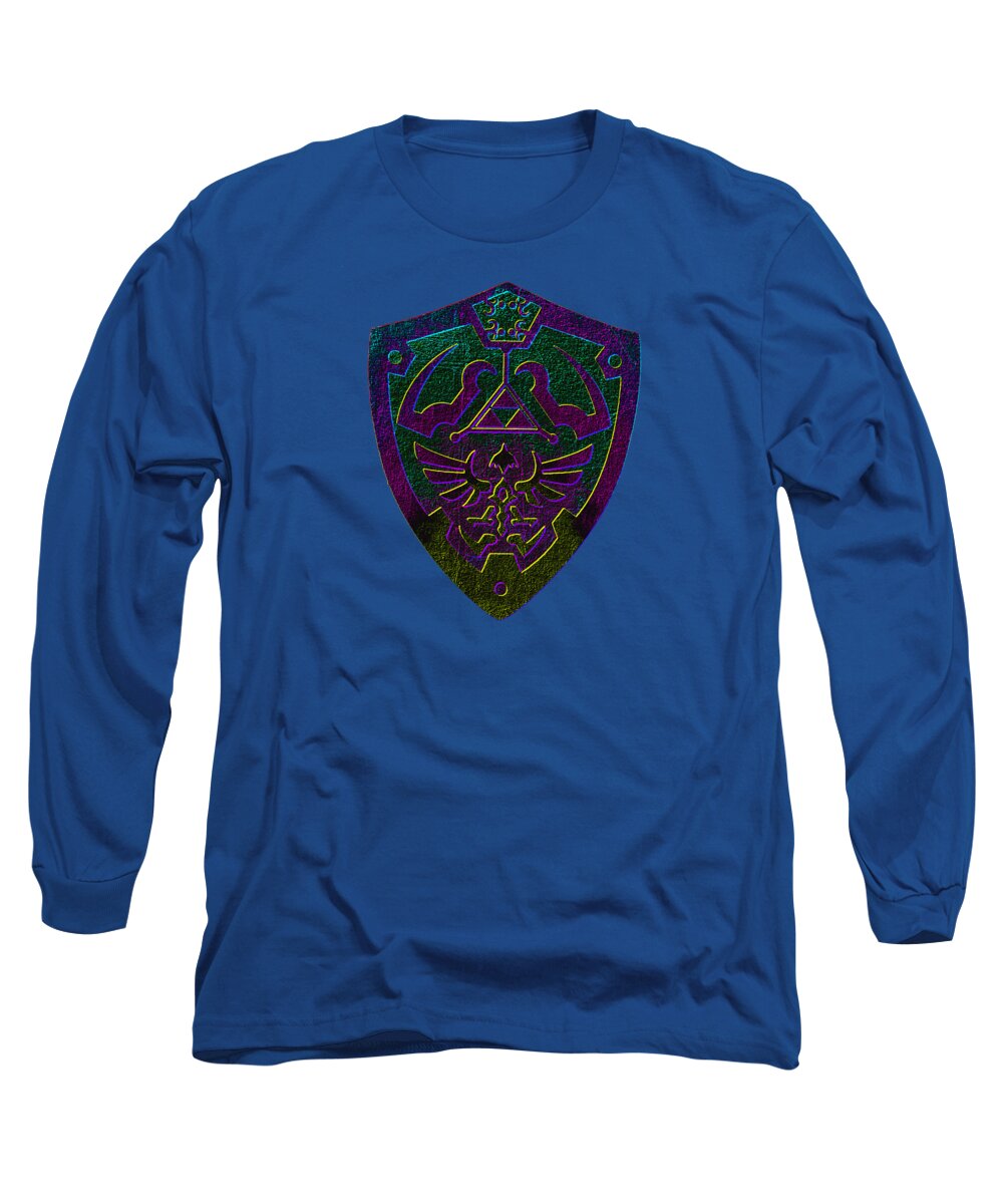 Royal blue long sleeve T-shirt with purple-green shield graphic on chest.