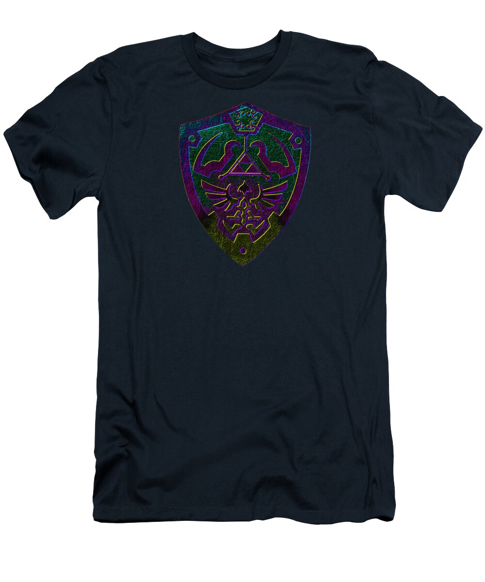 Navy graphic t-shirt with purple-green shield logo on chest