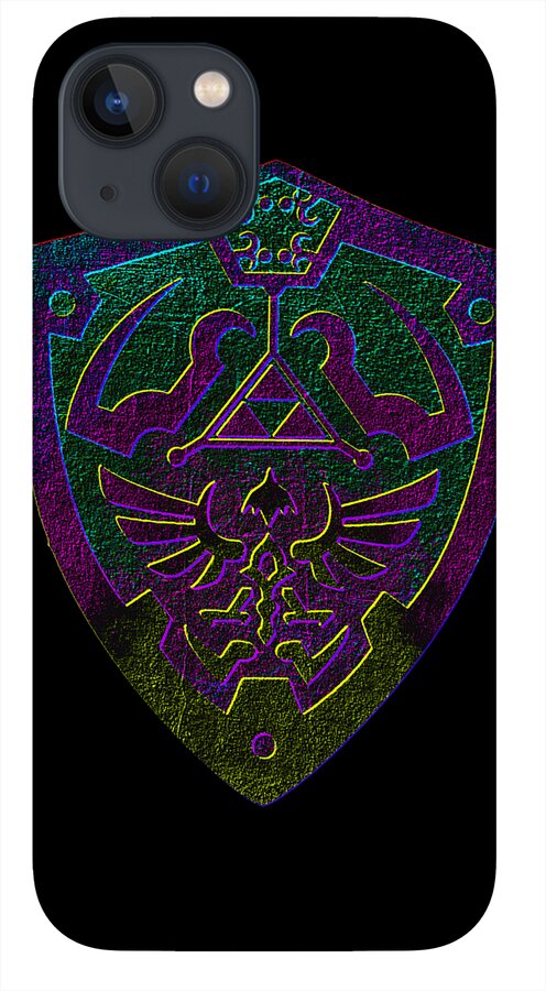 Phone case with gray back and purple-gold fantasy shield emblem, camera lenses near top left