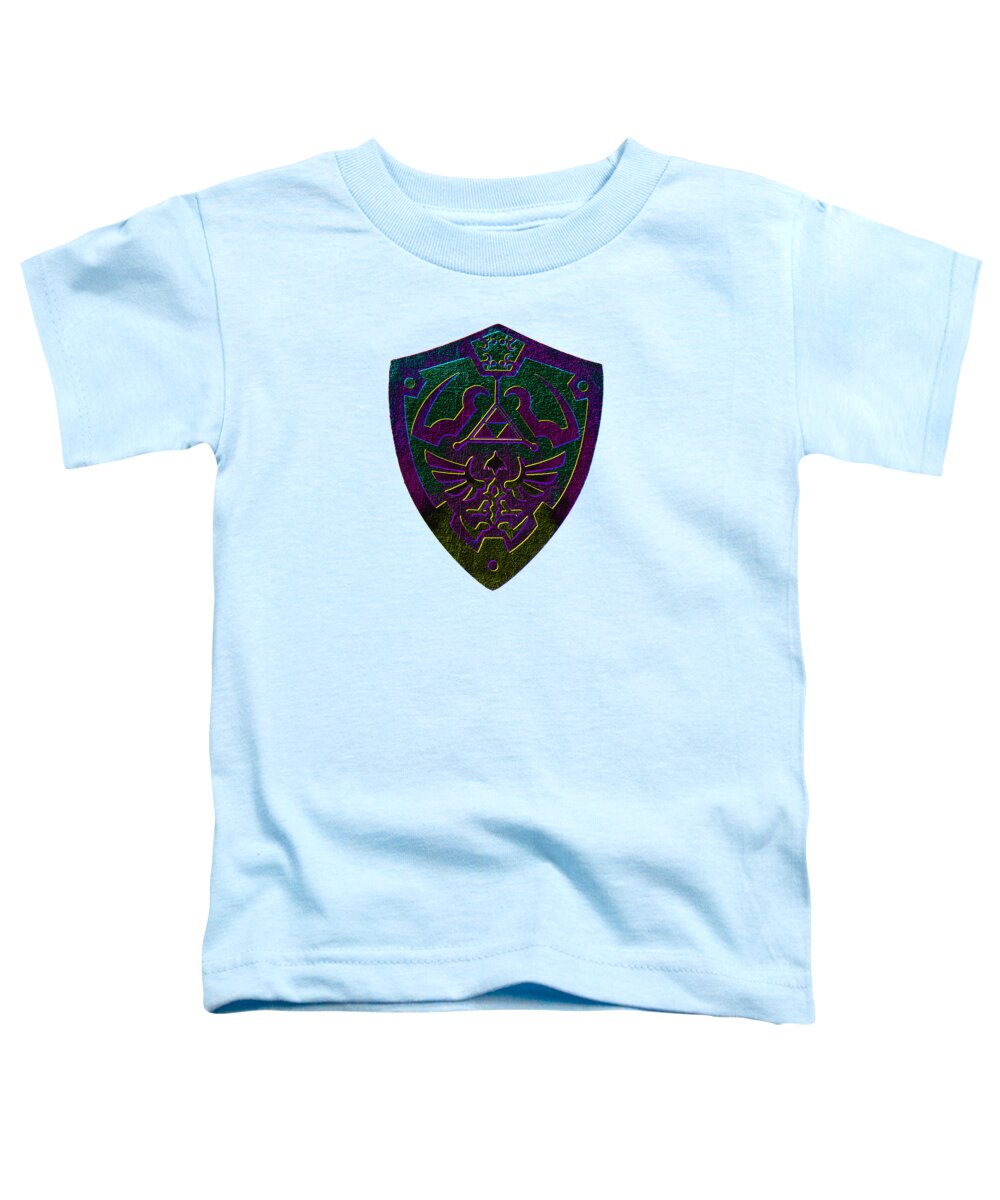 Toddler t-shirt in light blue with a colorful shield gamer logo print on chest