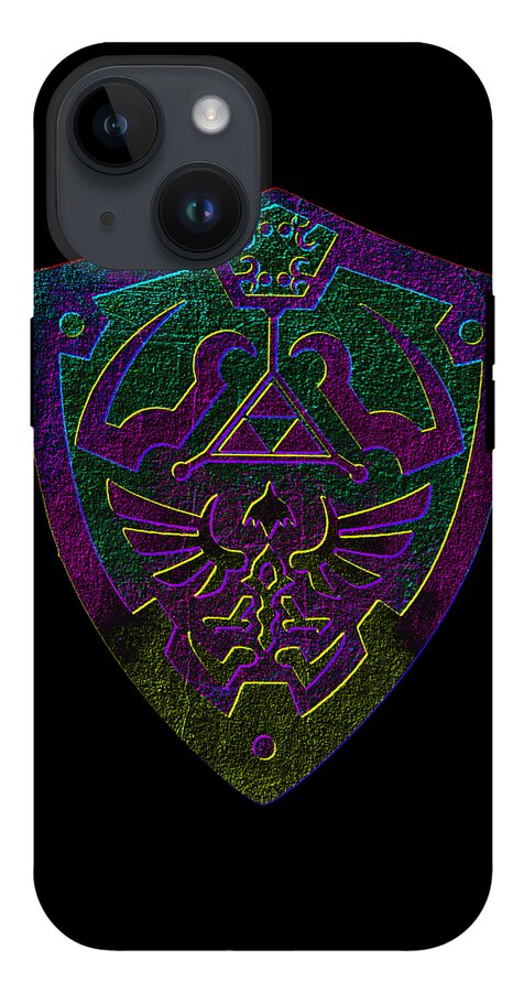 Phone case with dark back and purple-gold fantasy shield emblem, visible dual camera lenses