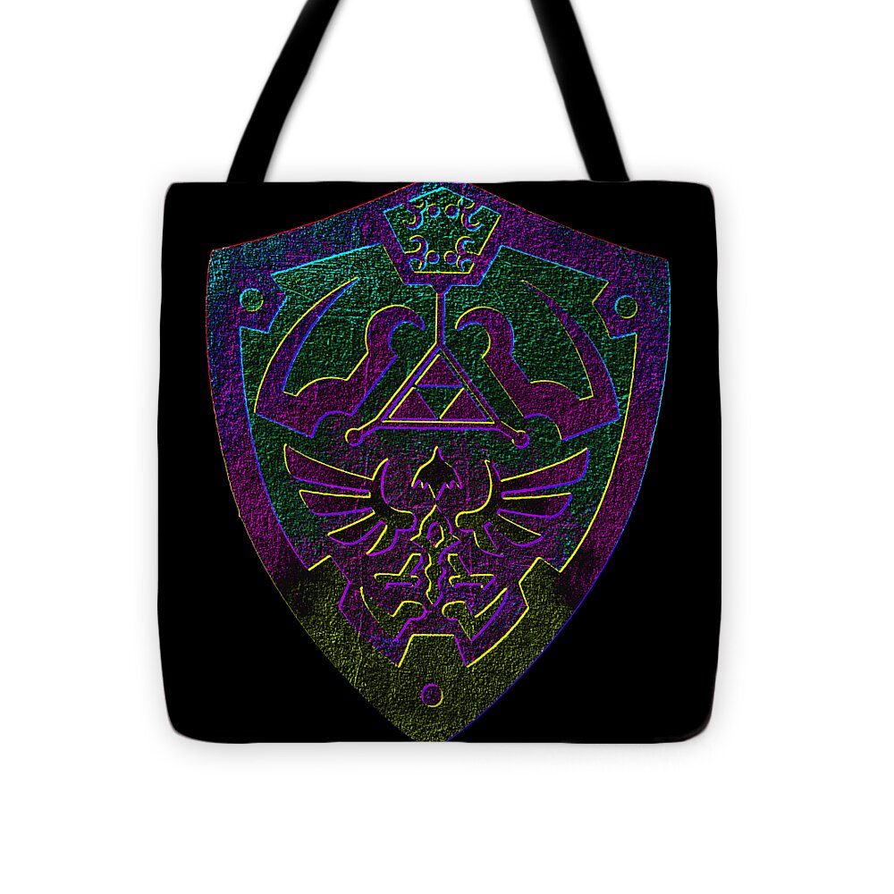Black tote bag with centered shield emblem, gaming sword and crest, purple/green