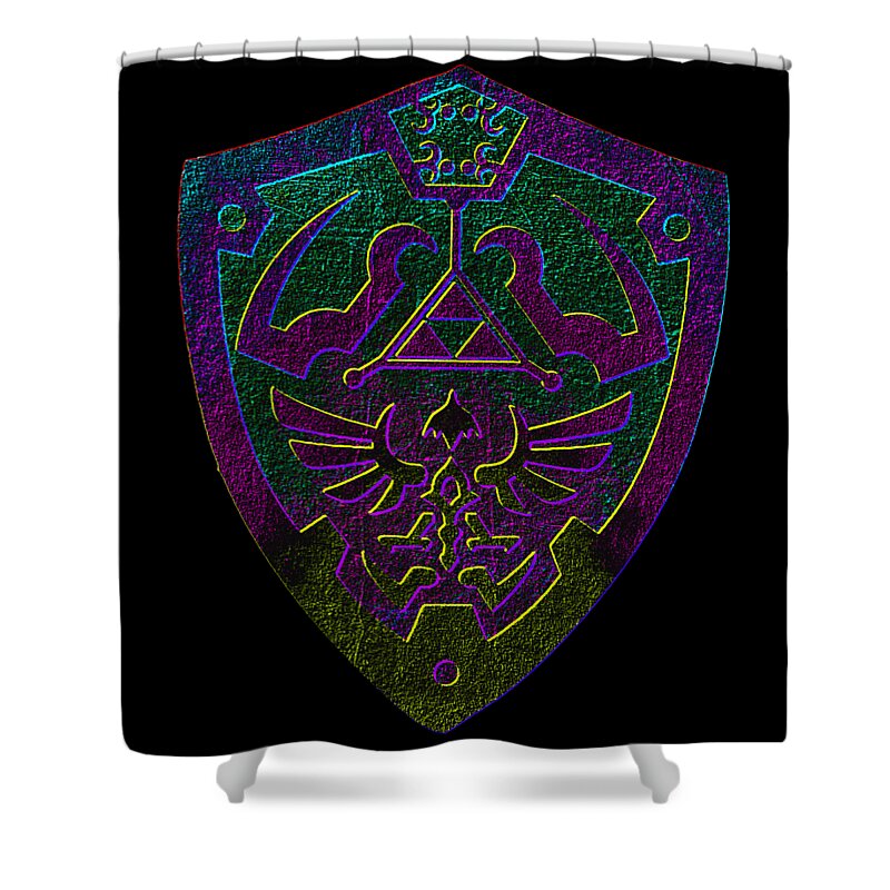 Black shower curtain with large neon shield graphic in purple, green, and teal