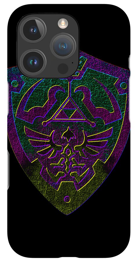 Black phone case with neon purple-green shield emblem and quad-camera module visible.