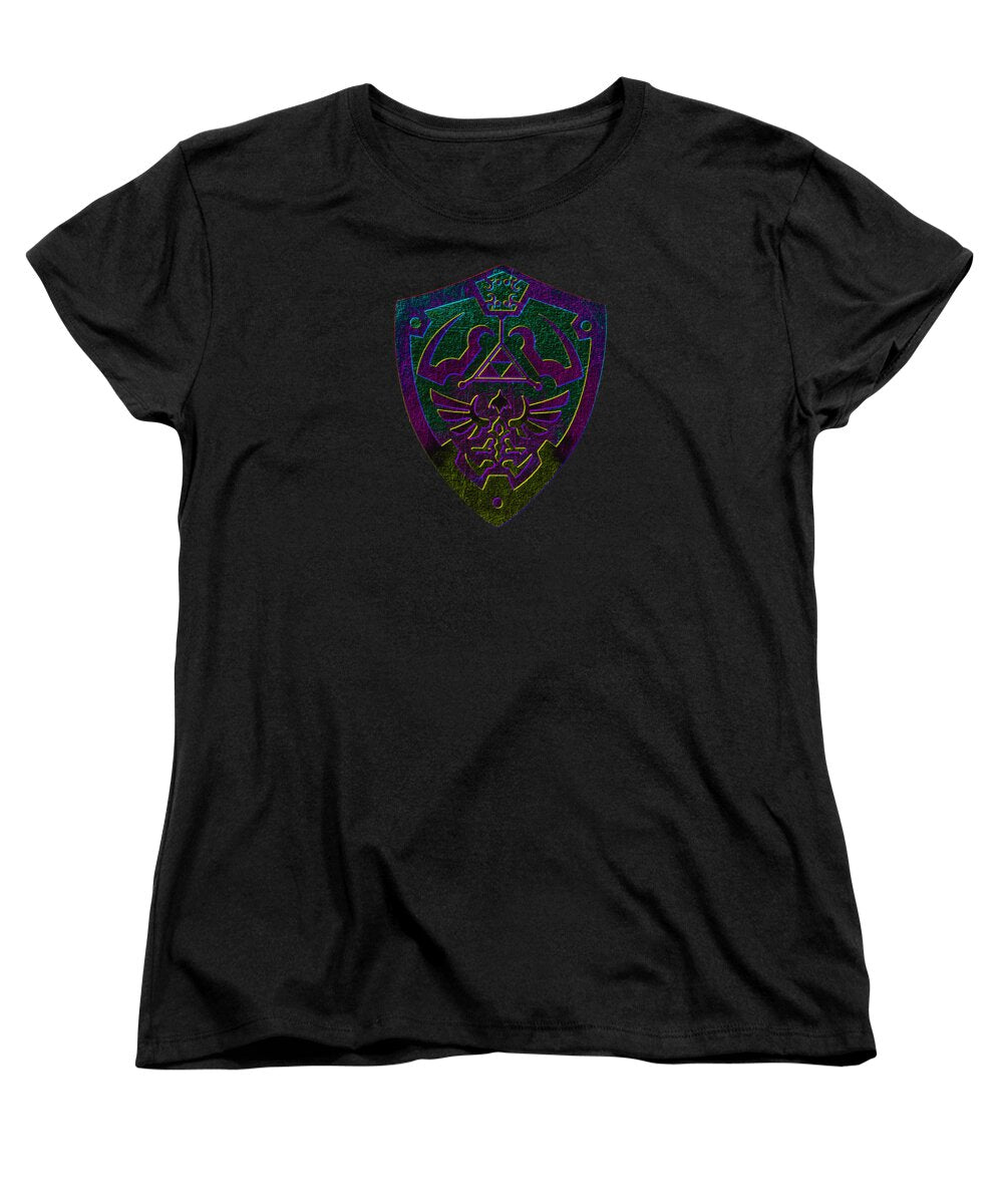 Women's T-shirt, black crew neck with colorful shield graphic on front