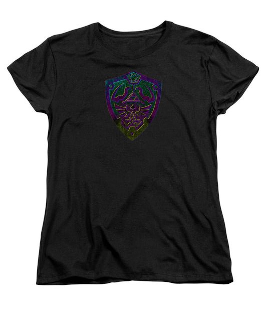 Women's T-shirt, black crew neck with colorful shield graphic on front