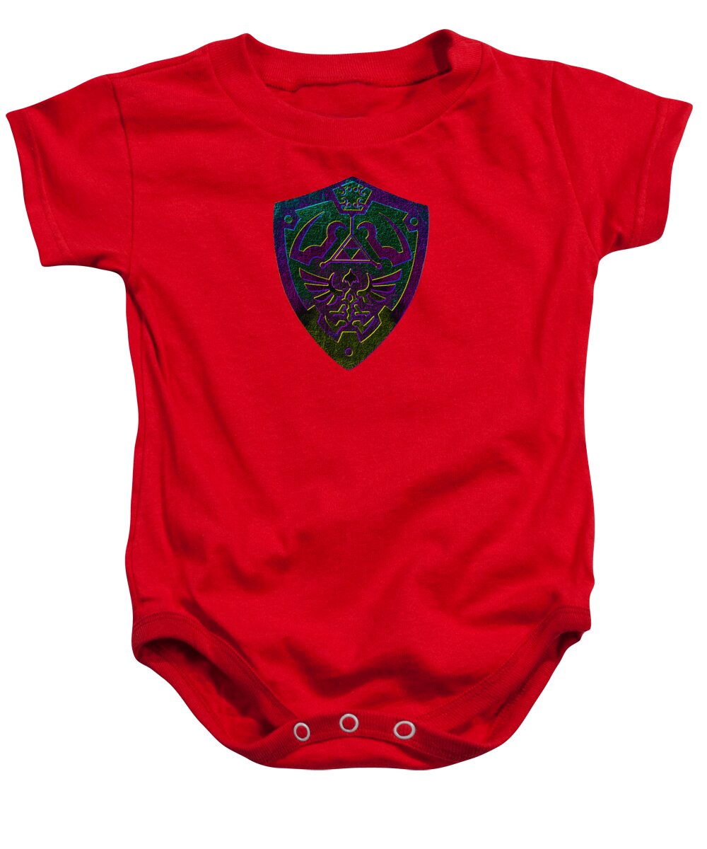 Red baby onesie with purple and green shield graphic and snap-button bottom