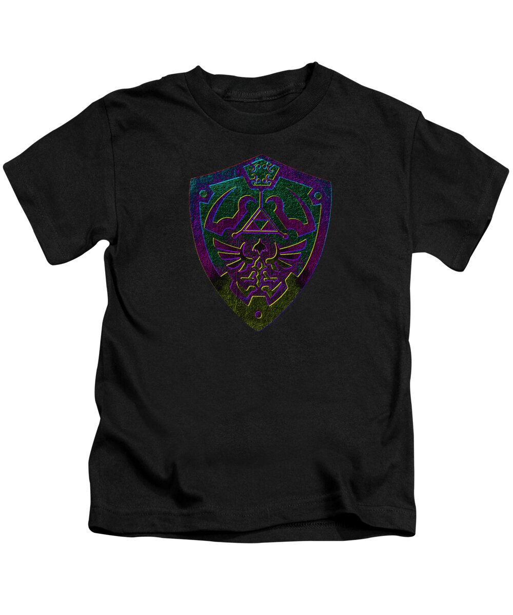 Kids black T-shirt with purple-green shield front graphic.