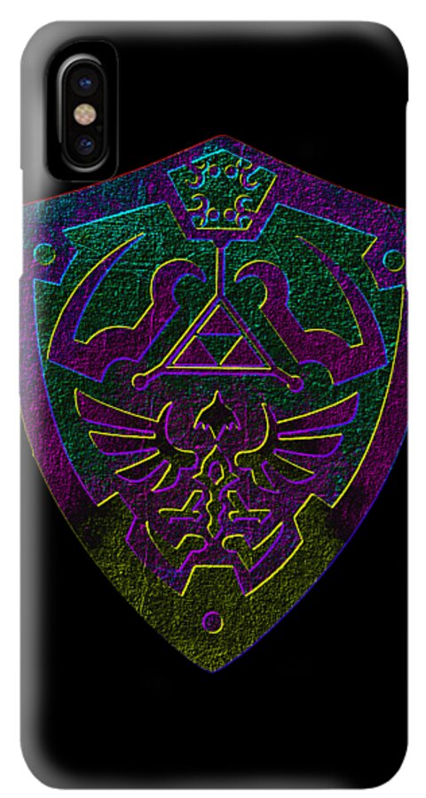 Gray phone case with holographic shield emblem in purple and green, camera cutouts