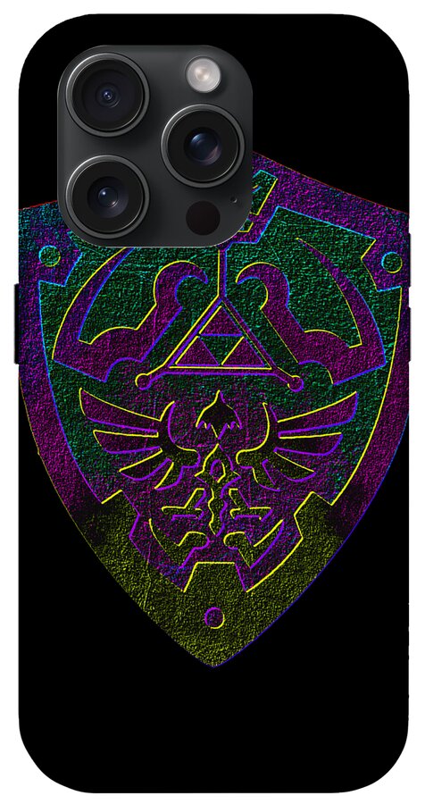 Black phone case with purple and green holographic winged crest and triangle symbol