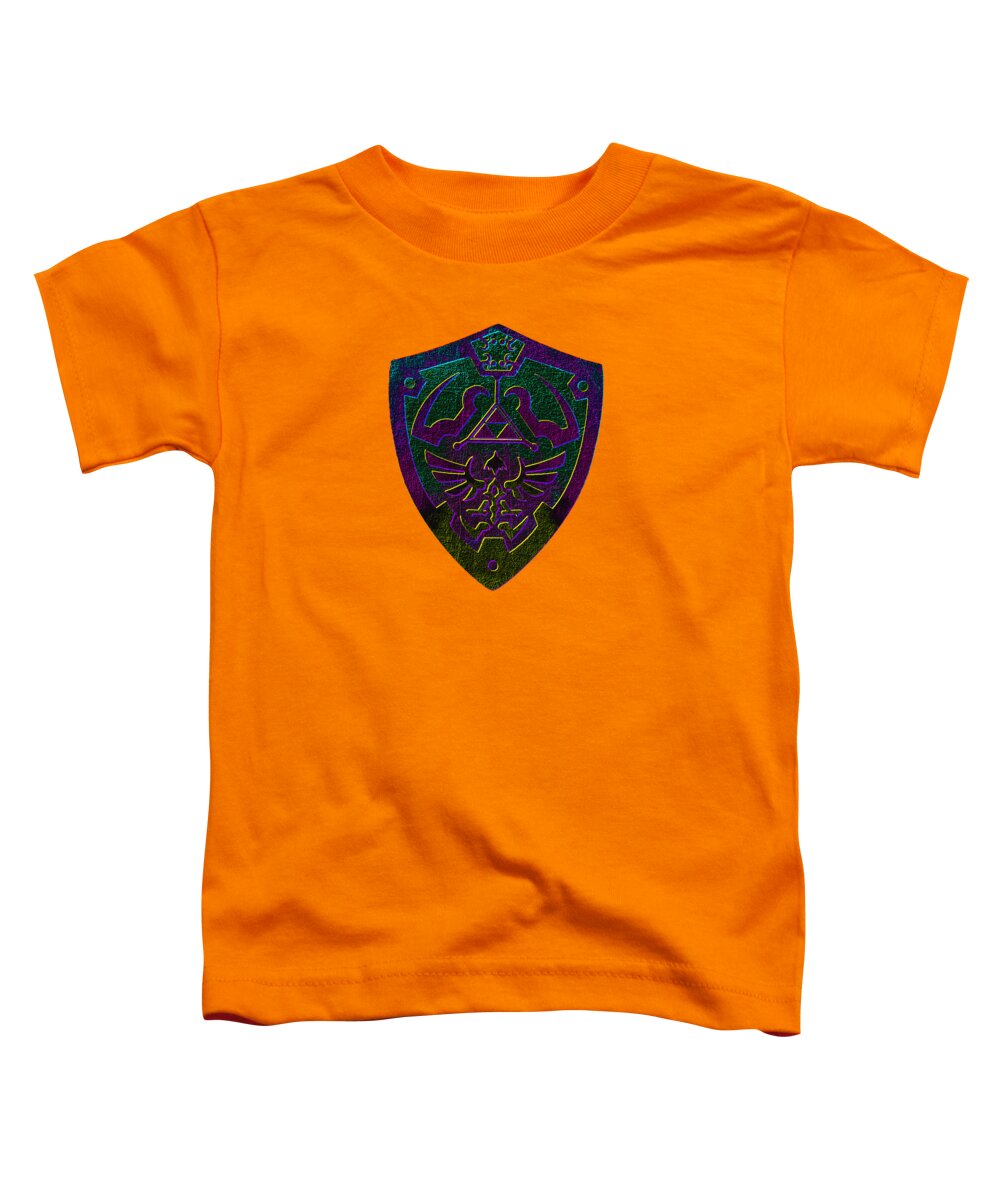 Toddler t-shirt in orange with a colorful shield gamer logo print on chest
