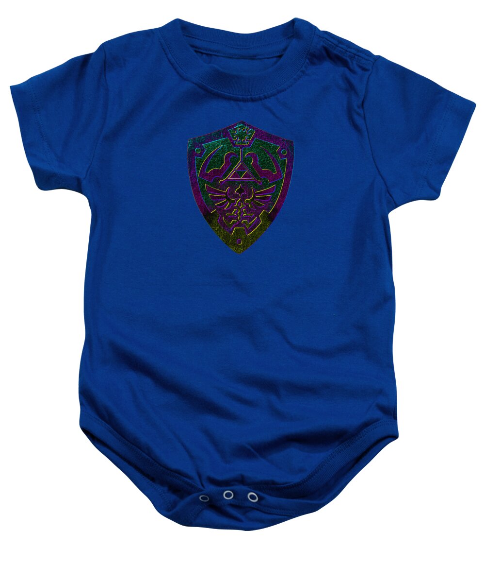 Blue baby bodysuit onesie with shield graphic at center chest