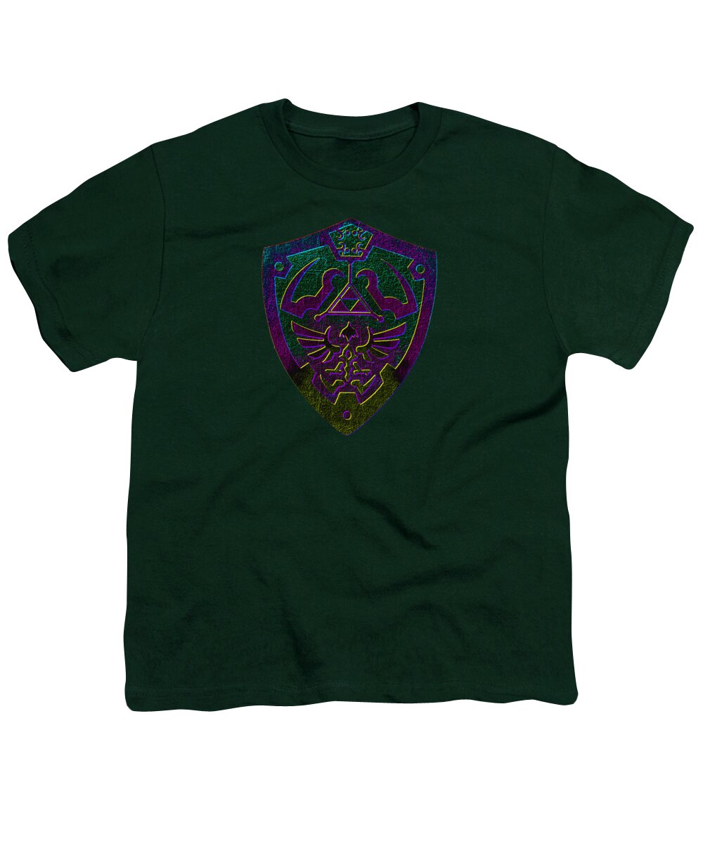 Dark green youth t-shirt with crew neck and colorful shield graphic on chest