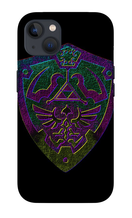 Phone case with black back and purple-green shield emblem with trident and winged crest