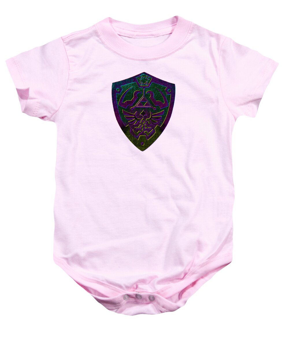 Pink baby onesie with purple and green shield graphic and snap-button bottom