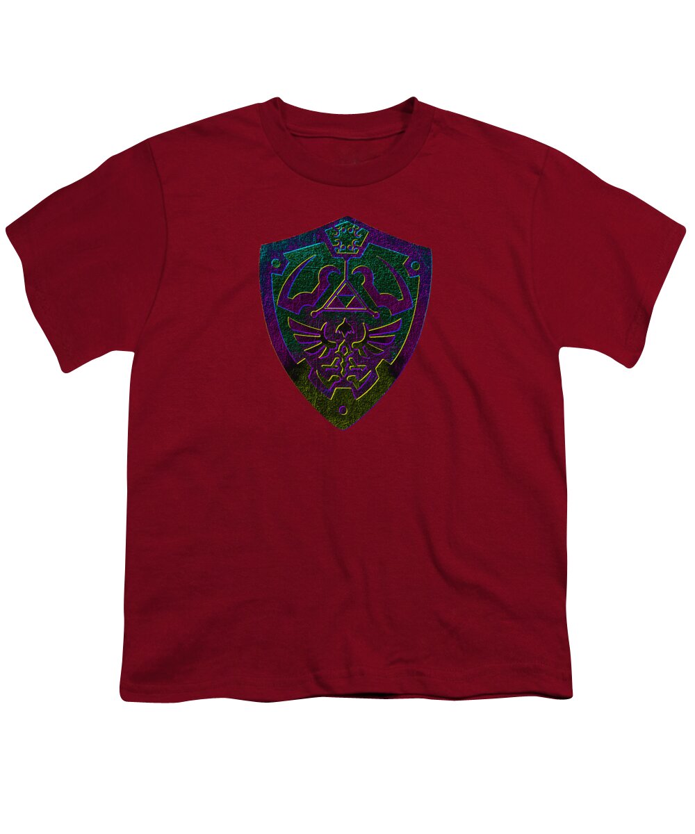 Cardinal red youth t-shirt with crew neck and colorful shield graphic on chest