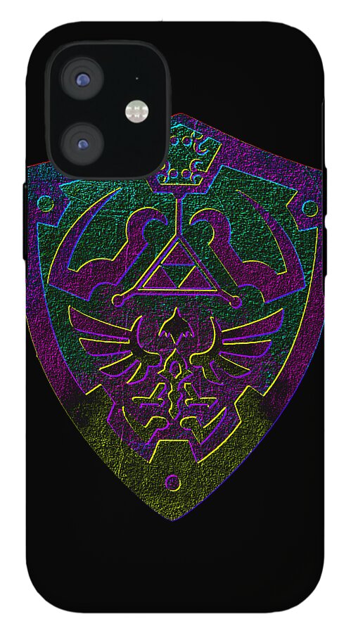 Phone case with black back and purple-green shield emblem with trident, matte camera area