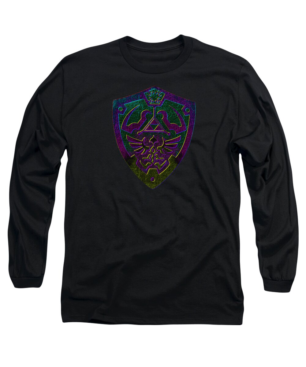 Black long sleeve T-shirt with purple-green shield graphic on chest.