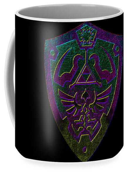 Black ceramic mug with neon-style shield emblem graphic, centered front