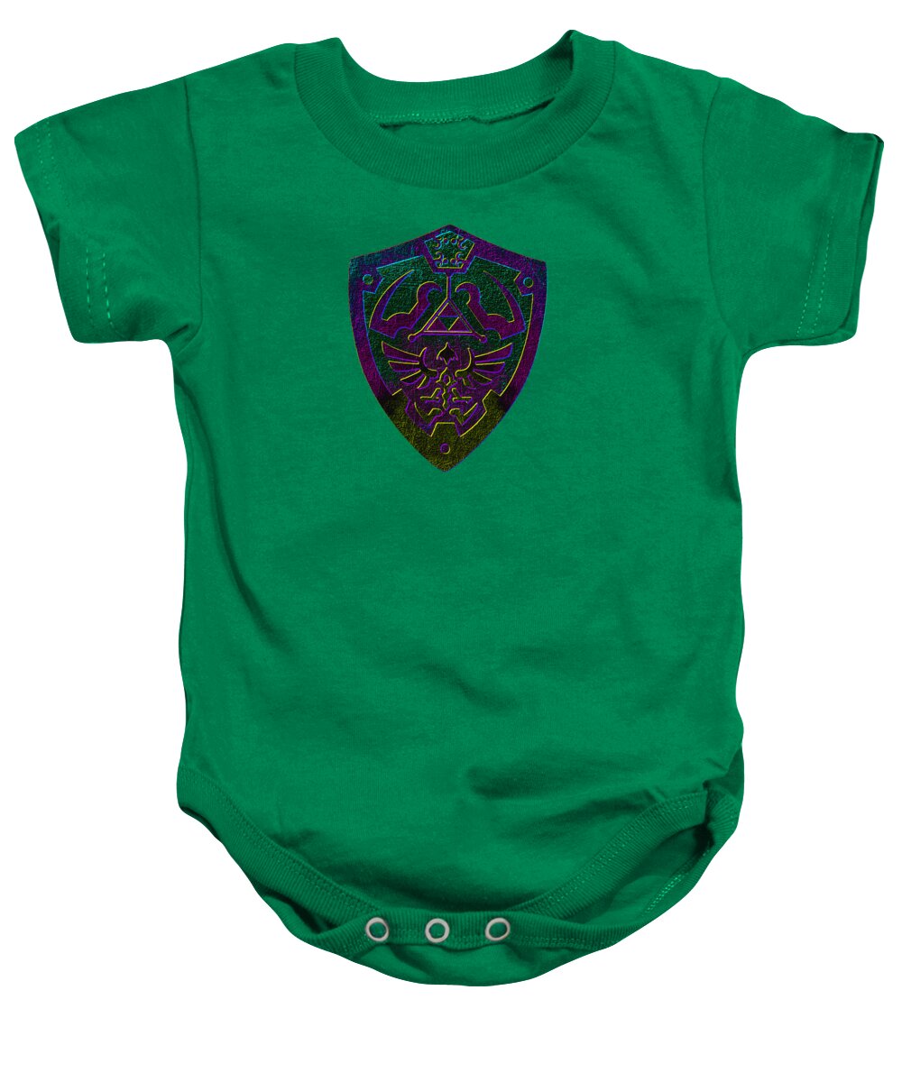 Kelly green baby onesie with purple and green shield graphic and snap-button bottom
