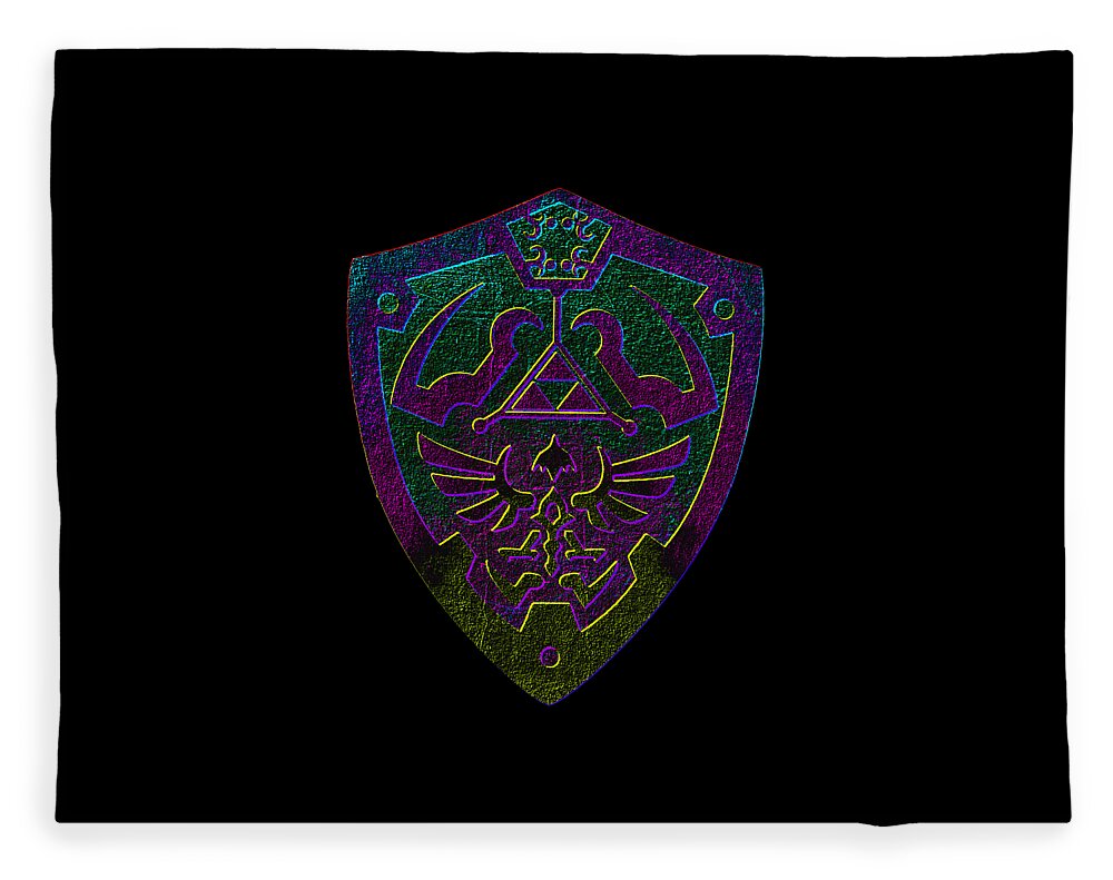 Dark blanket with centered purple and green shield emblem graphic.