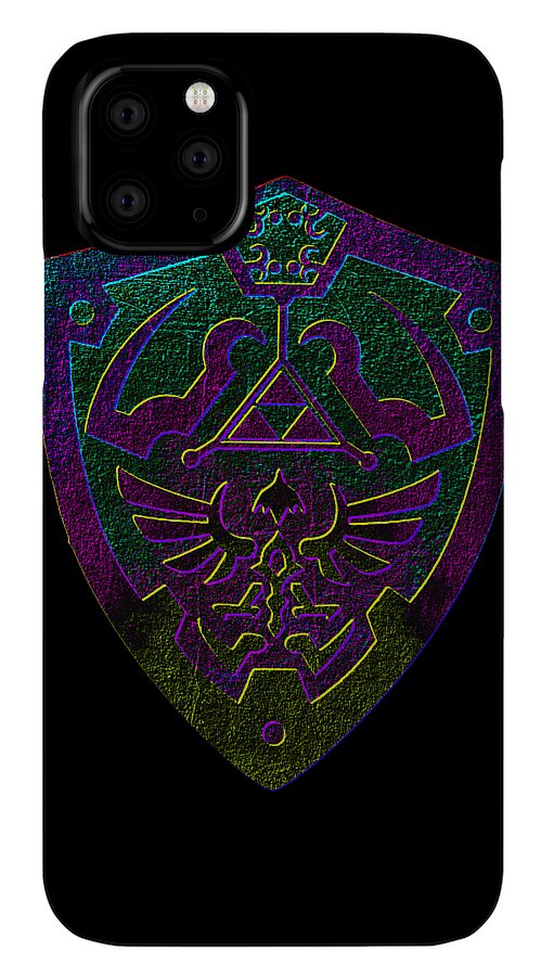 Black phone case featuring a purple and green holographic shield emblem, camera cutouts