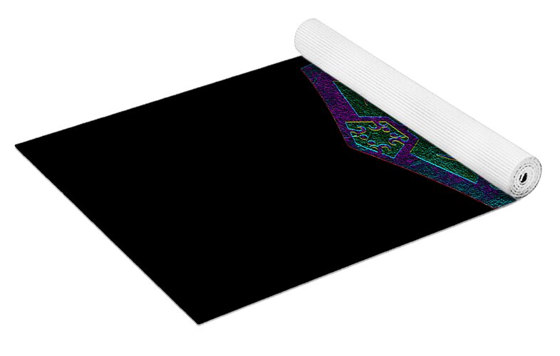 Yoga mat laid flat, dark with purple-green shield emblem and rolled white edge