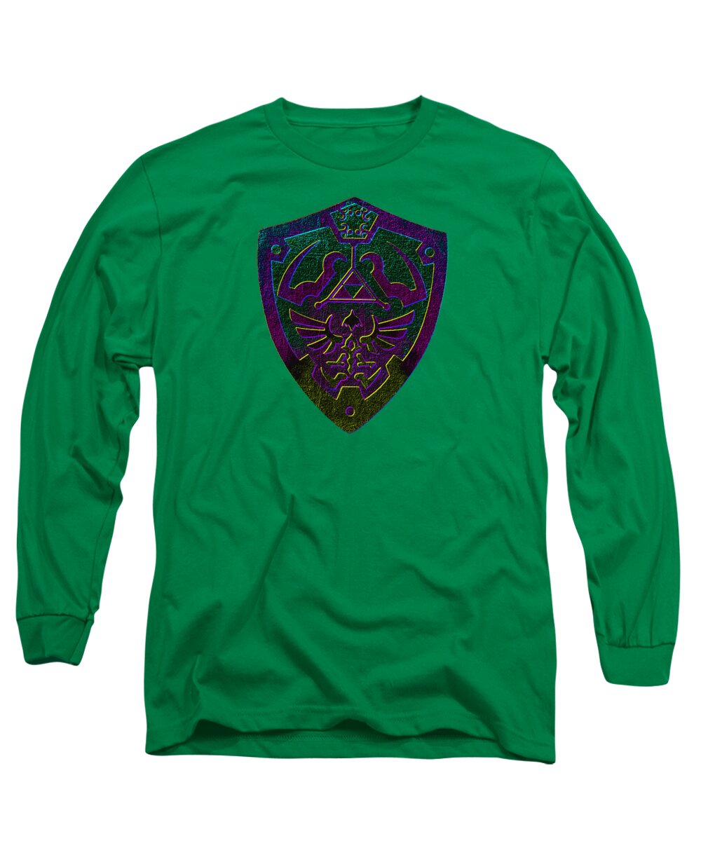 Kelly green long sleeve T-shirt with purple-green shield graphic on chest.