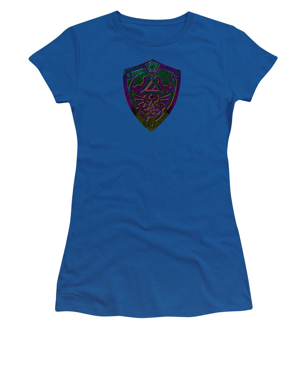 Women's blue T-shirt with colorful shield logo graphic on the chest