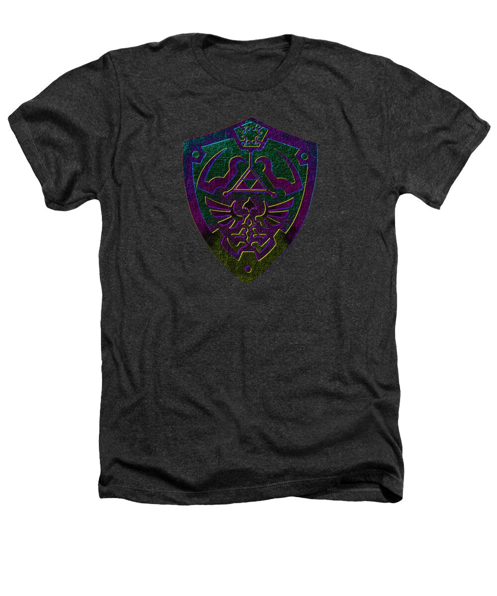 Heathered dark gray T-shirt with colorful shield graphic on the chest