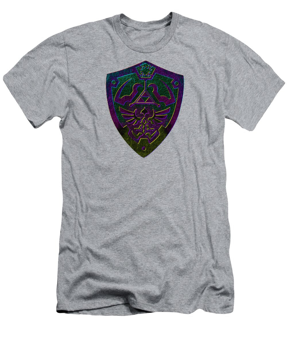 Heather gray graphic t-shirt with purple-green shield logo on chest