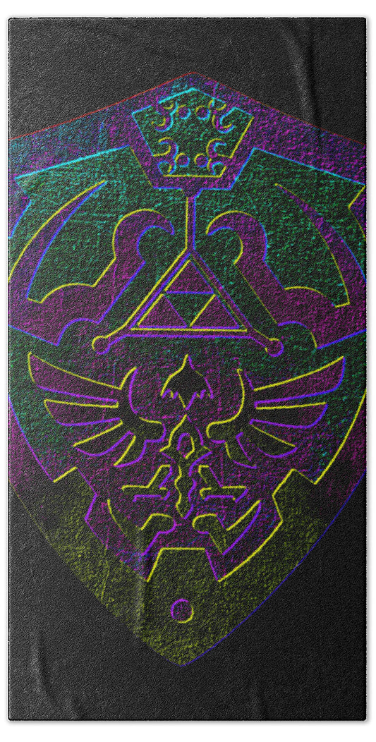 Dark beach towel with neon gaming shield and crossed tridents graphic