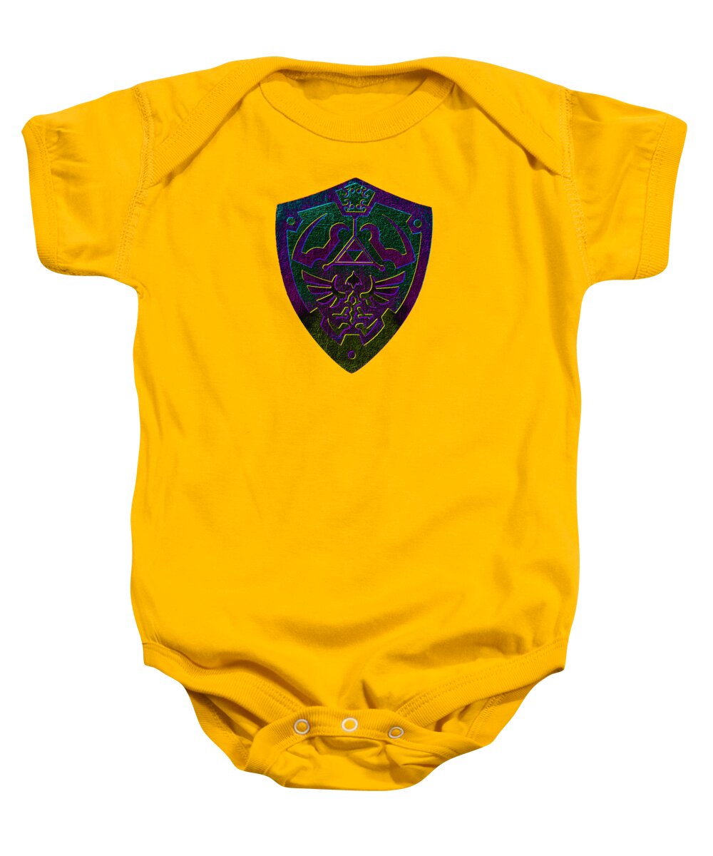 Yellow baby onesie with purple and green shield graphic and snap-button bottom