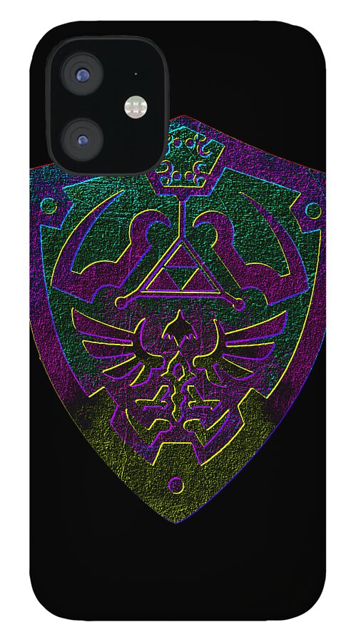 Phone case with black back and purple-green shield emblem with trident, two camera lenses
