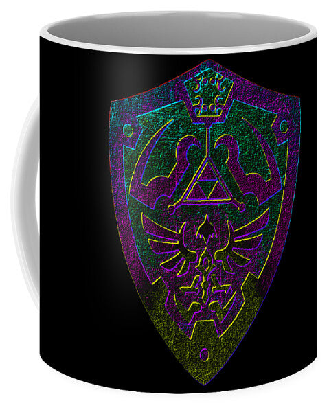 Black ceramic mug with colorful shield emblem graphic on front