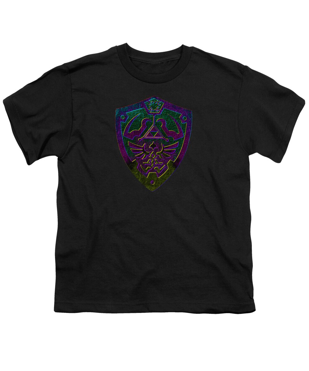 Black youth t-shirt with crew neck and colorful shield graphic on chest