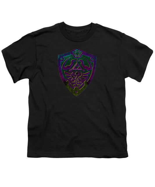 Black youth t-shirt with crew neck and colorful shield graphic on chest