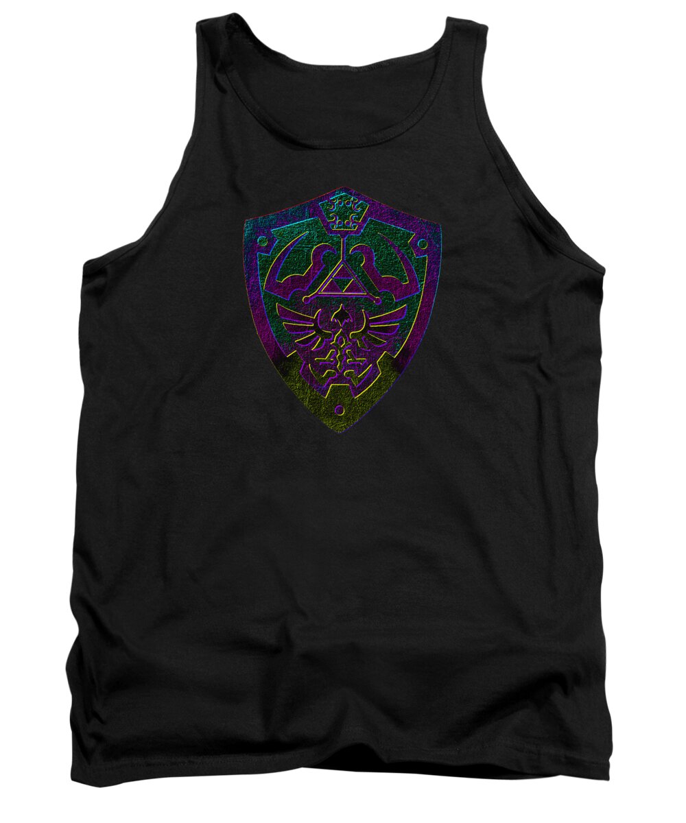 Black tank top with crew neck and purple-green shield graphic on the front