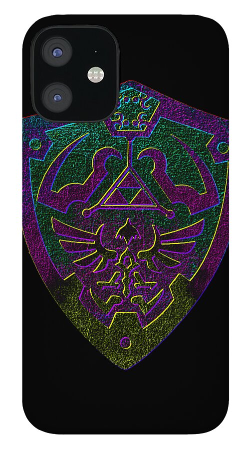 Phone case with black back and purple-green shield emblem with trident, single camera lens visible