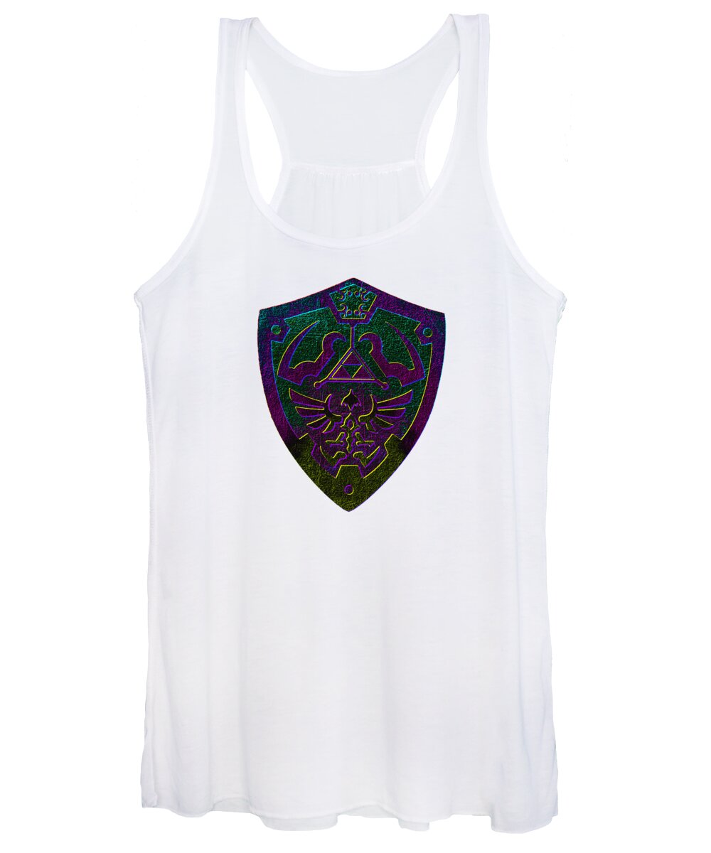 Women's white tank top with purple-green shield graphic