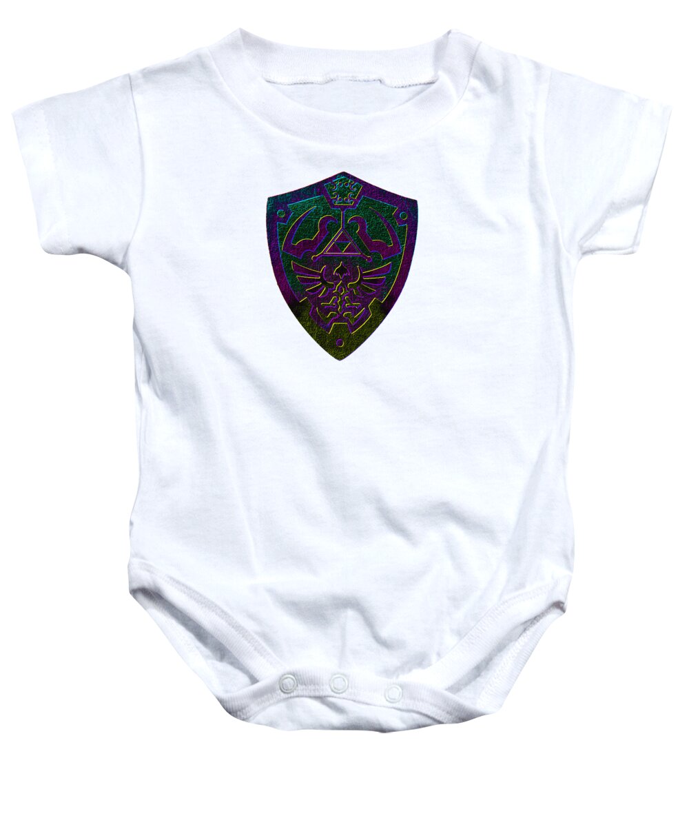 White baby bodysuit onesie with centered shield graphic