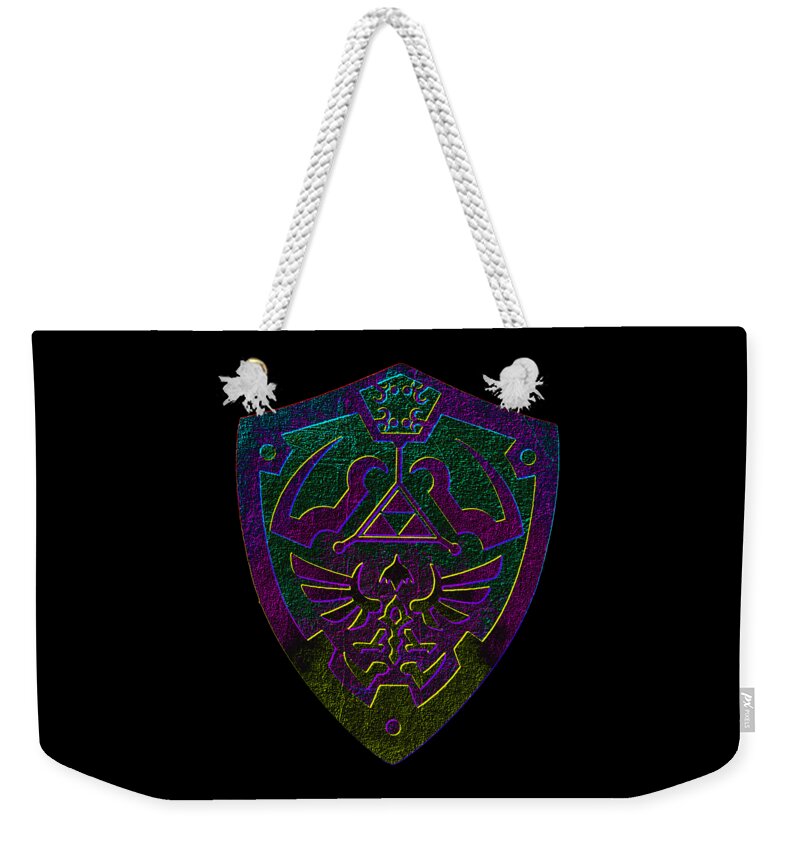 Weekender tote bag with black fabric, front shield graphic, white rope handles and tassel ends