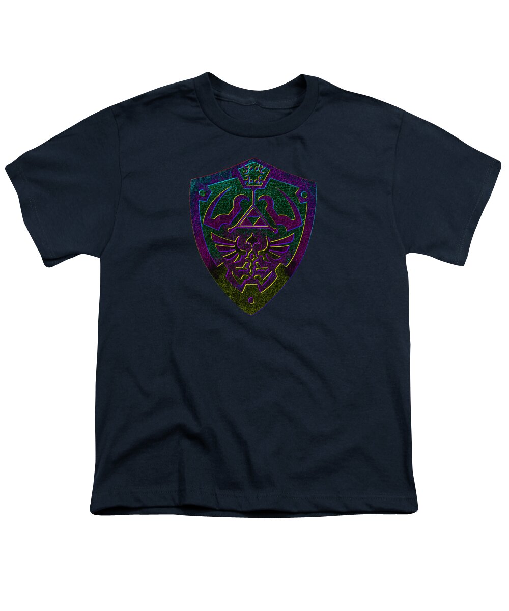 Youth T-shirt, dark navy, front shield graphic print