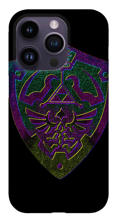 Phone case with gray back and purple-gold fantasy shield emblem, visible triple camera lenses