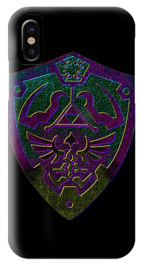 Black phone case with neon shield emblem in purple and green, showing side camera opening.