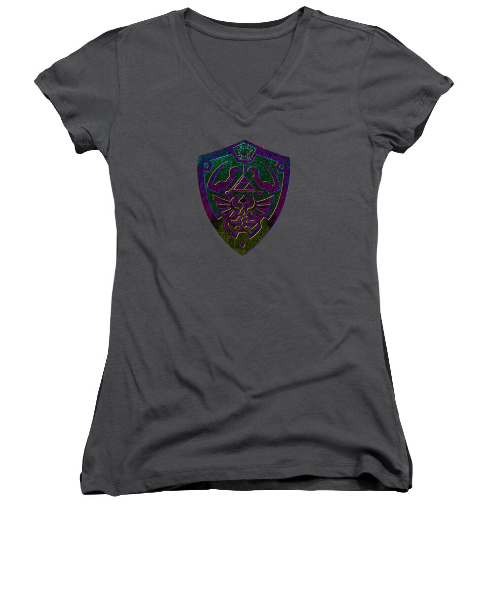Women's charcoal V-neck T-shirt with colorful shield graphic on chest