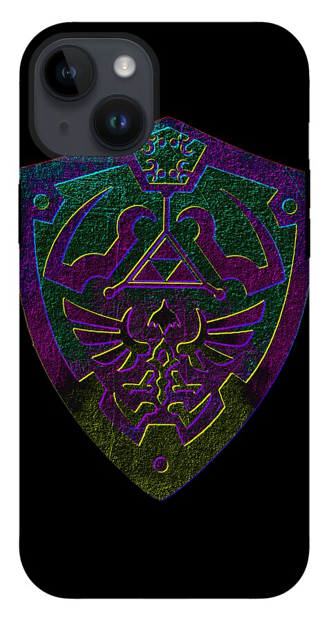 Phone case with dark back and purple-gold fantasy shield emblem, camera lenses on top left