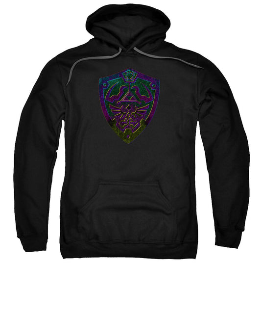 Black hoodie sweatshirt with colorful shield graphic and front kangaroo pocket