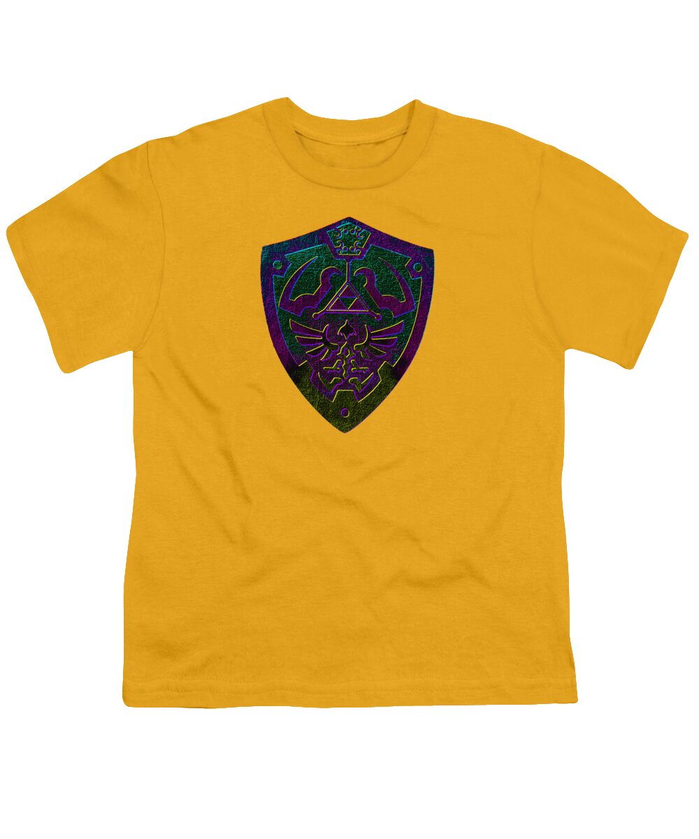 Yellow youth t-shirt with crew neck and colorful shield graphic on chest