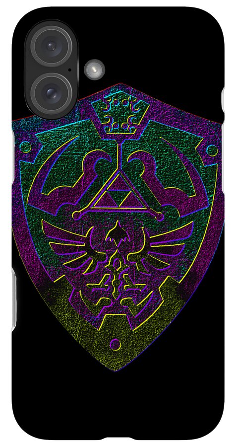 Black phone case with neon purple-green shield emblem and triple-lens camera cutouts.